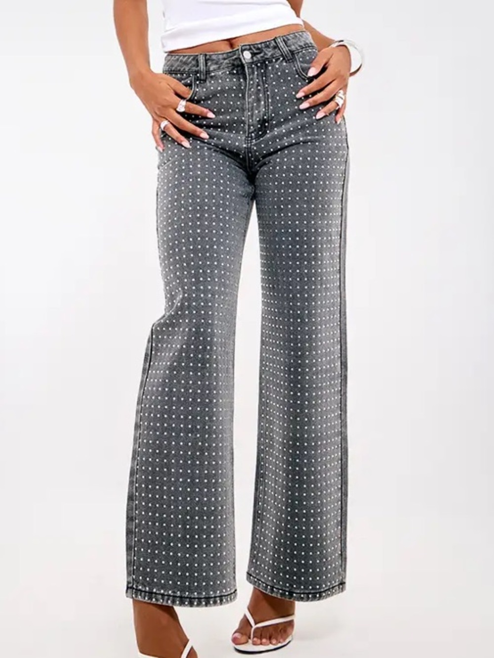 PrettyLittleThing Gray Washed High Rise Diamante Front Straight Leg Jeans Size 4